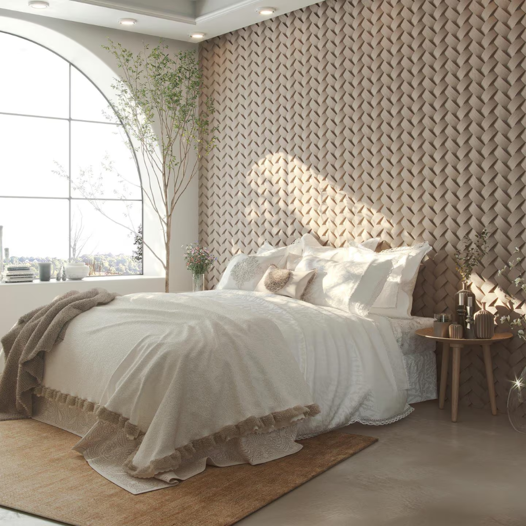 Luxury hotel bedroom featuring Fitwall textured wall panels